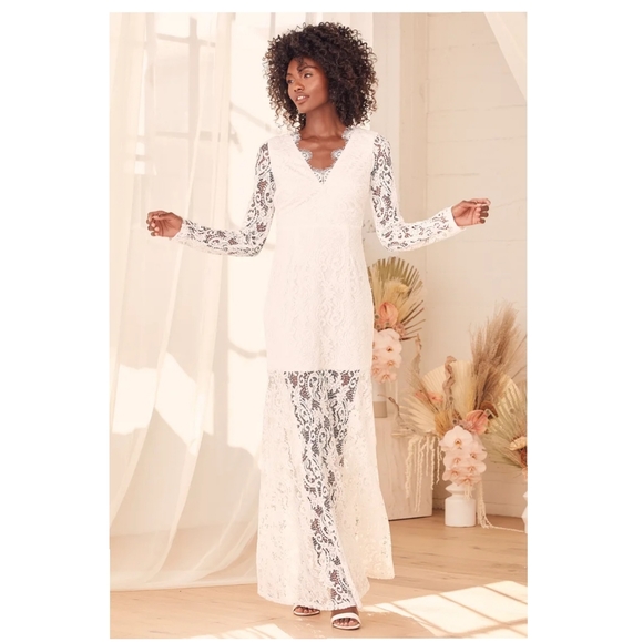 Lulu's Way To Be Loved White Lace Long Sleeve Maxi Dress - Picture 1 of 12